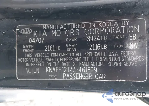 2007 Kia Spectra Ex z USA, uszkodzony, nr VIN KNAFE121275461699